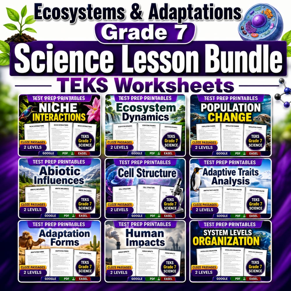 Ecosystems & Adaptations Grade 7 Science Lesson Bundle TEKS Worksheets — bundle cover