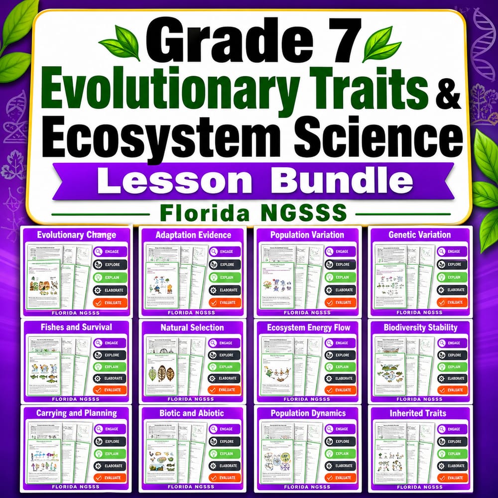 Grade 7 Evolutionary Traits & Ecosystem Science Lesson Bundle | Florida NGSSS — bundle cover