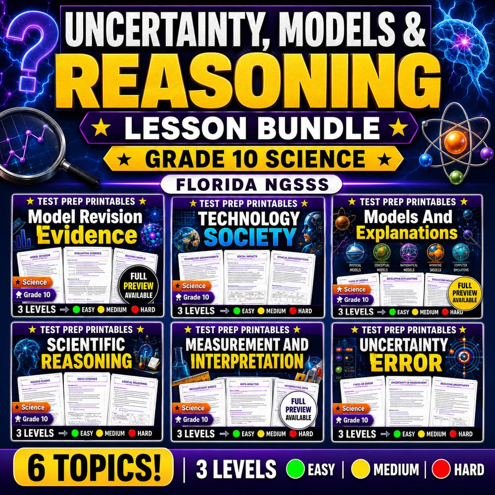 Uncertainty, Models & Reasoning Lesson Bundle – Grade 10 Science Florida NGSSS — bundle cover