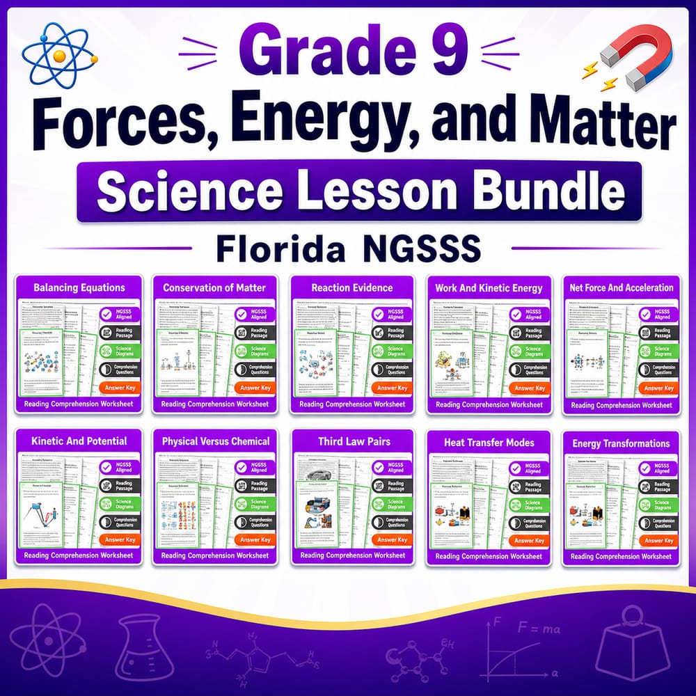 Grade 9 Forces, Energy, and Matter Science Lesson Bundle | Florida NGSSS — bundle cover