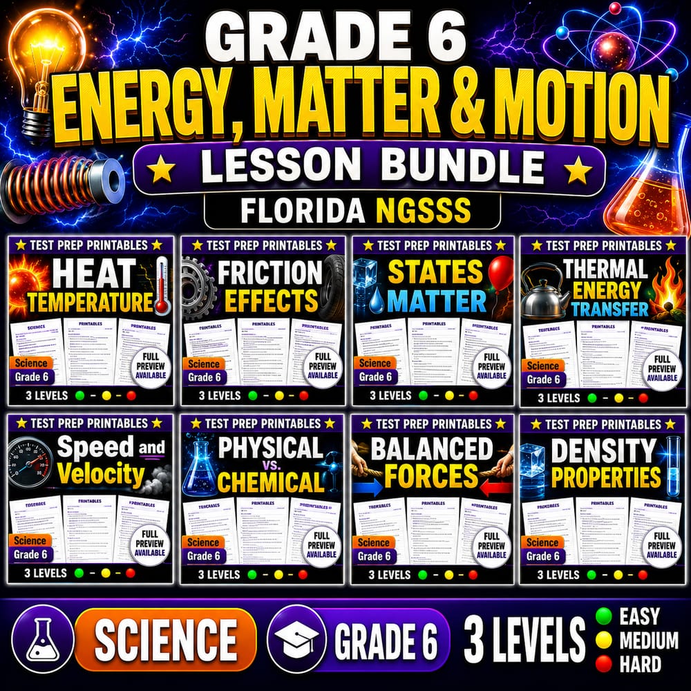 Grade 6 Energy, Matter & Motion Lesson Bundle | Florida NGSSS — bundle cover