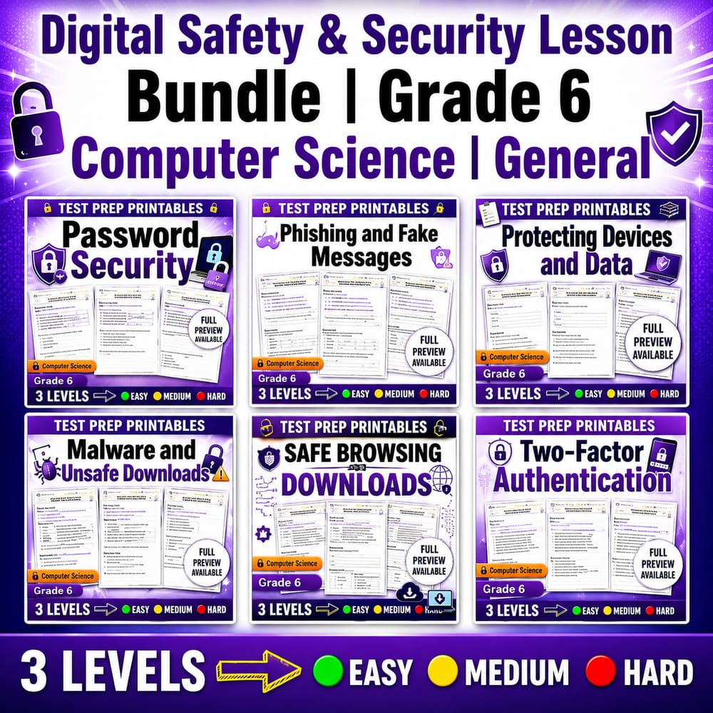 Digital Safety & Security Lesson Bundle | Grade 6 Computer Science | General — bundle cover