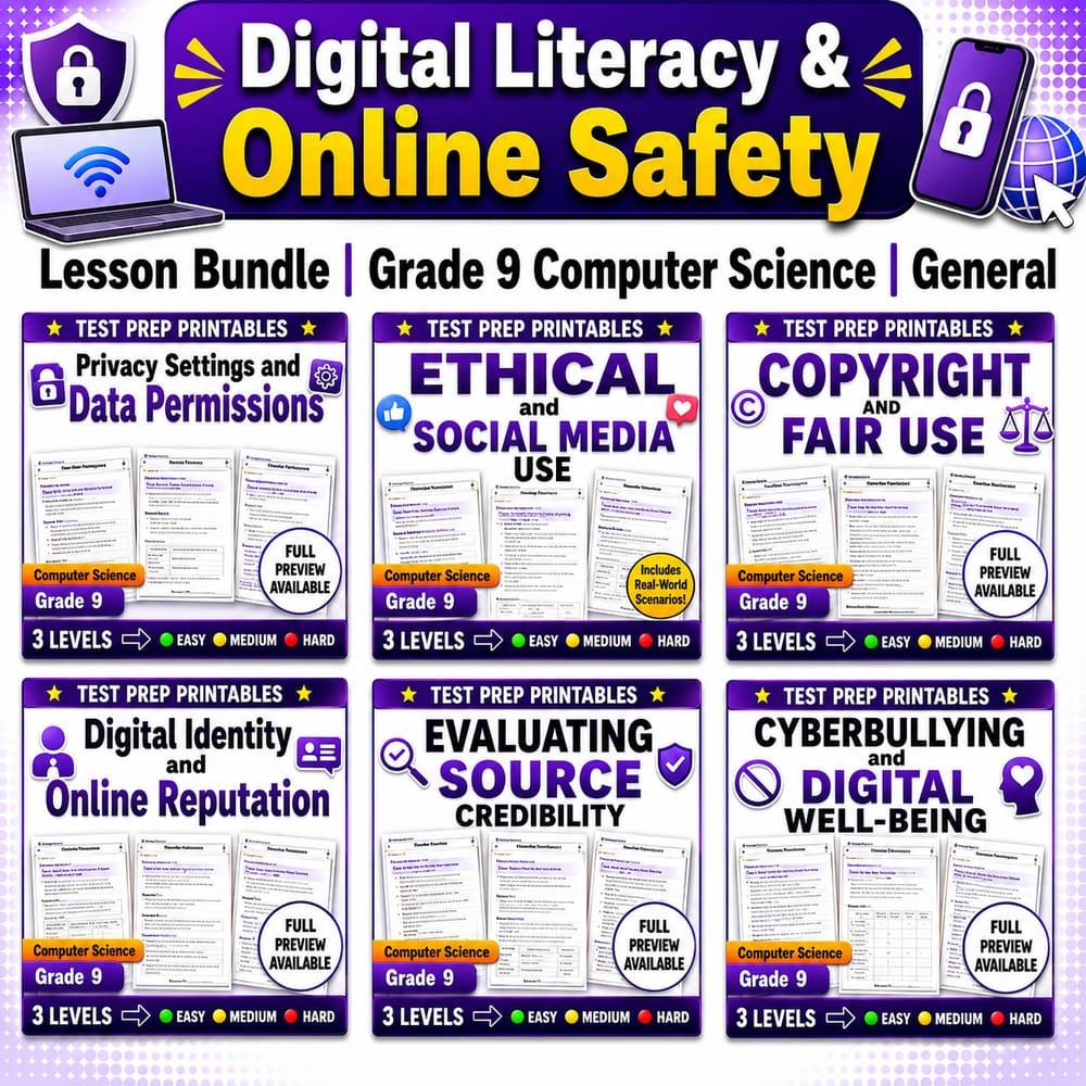 Digital Literacy & Online Safety Lesson Bundle | Grade 9 Computer Science | General — bundle cover