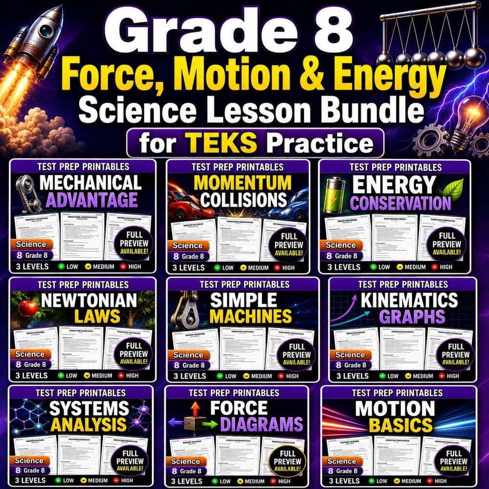 Grade 8 Force, Motion & Energy Science Lesson Bundle for TEKS Practice — bundle cover