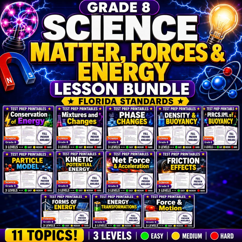 Grade 8 Science Matter, Forces & Energy Lesson Bundle | Florida Standards — bundle cover