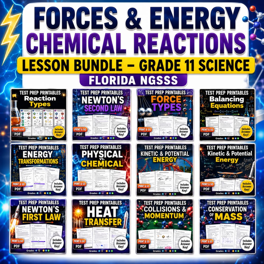 Forces & Energy Chemical Reactions Lesson Bundle – Grade 11 Science Florida NGSSS — bundle cover