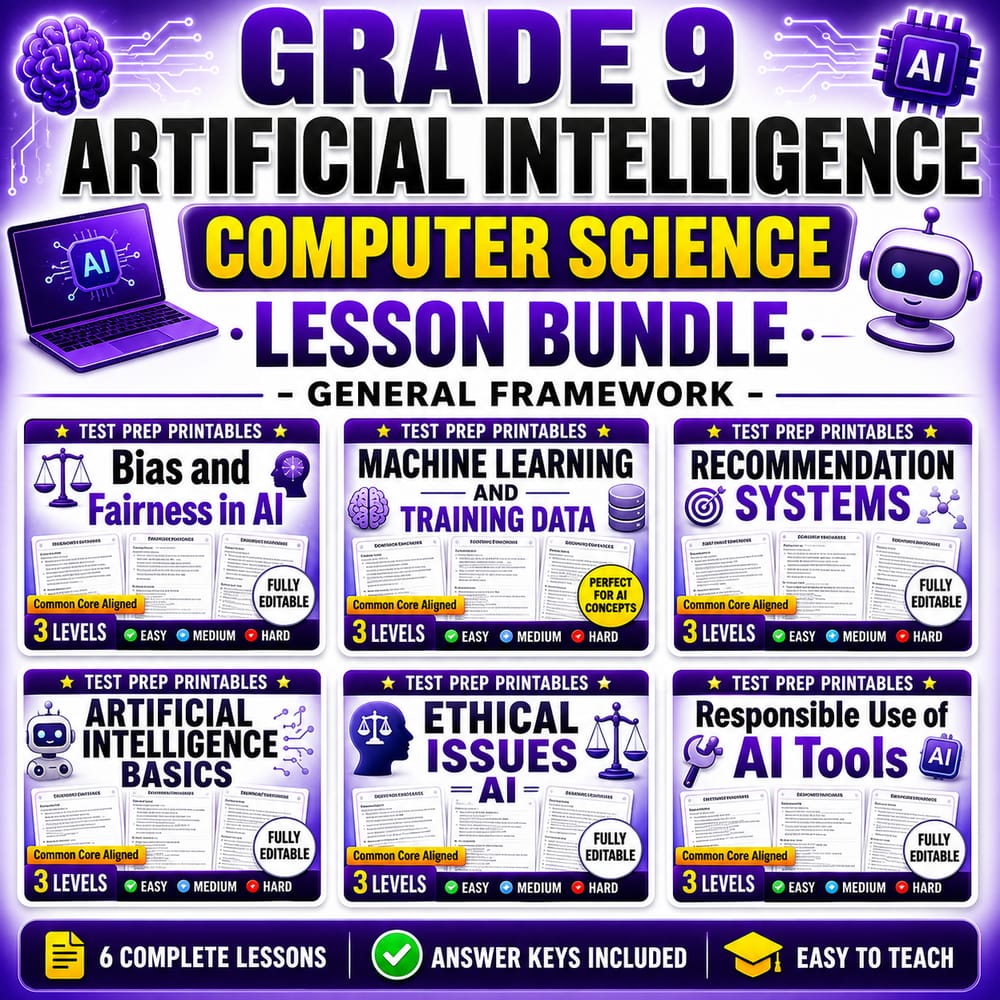 Grade 9 Artificial Intelligence Computer Science Lesson Bundle – General Framework — bundle cover