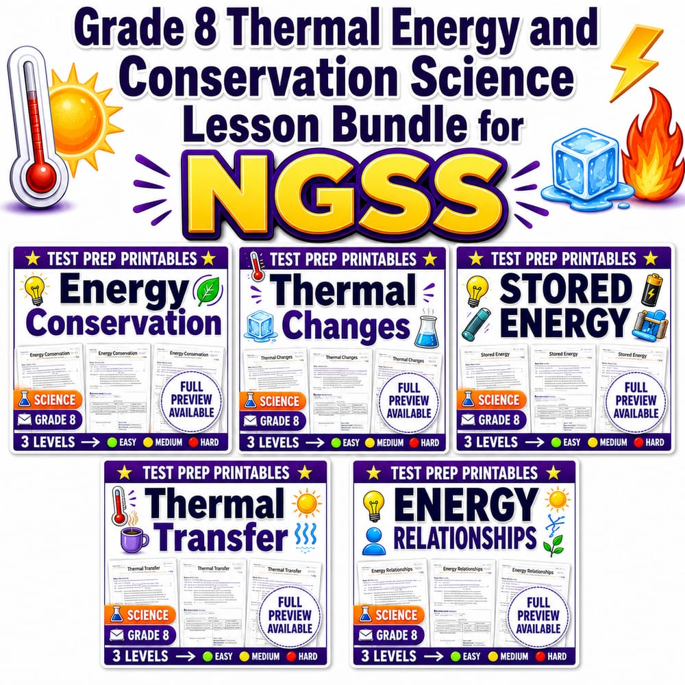 Grade 8 Thermal Energy and Conservation Science Lesson Bundle for NGSS — bundle cover