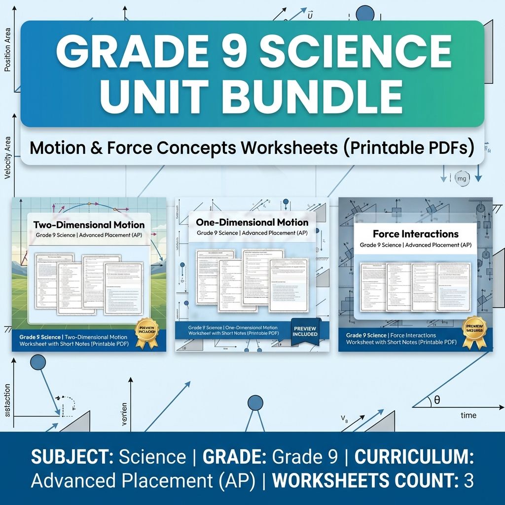 Grade 9 Science Motion & Force Unit Worksheet Bundle (PDF Download) — bundle cover