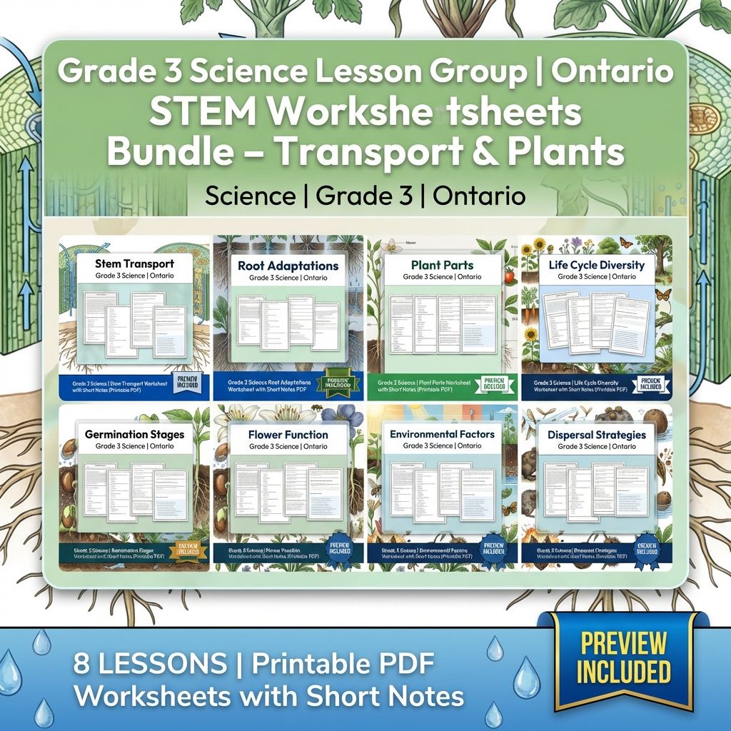 Grade 3 Science Lesson Group | Ontario STEM Worksheets Bundle Transport & Plants — bundle cover