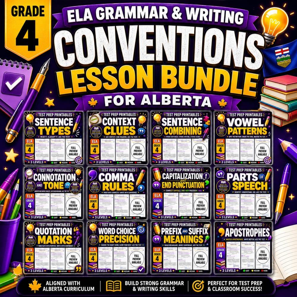 Grade 4 ELA Grammar & Writing Conventions Lesson Bundle for Alberta — bundle cover