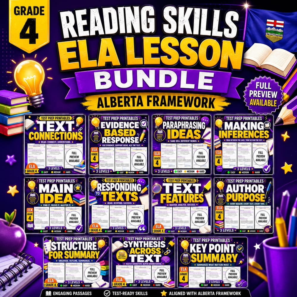 Grade 4 Text Comprehension Reading Skills ELA Lesson Bundle – Alberta Framework — bundle cover