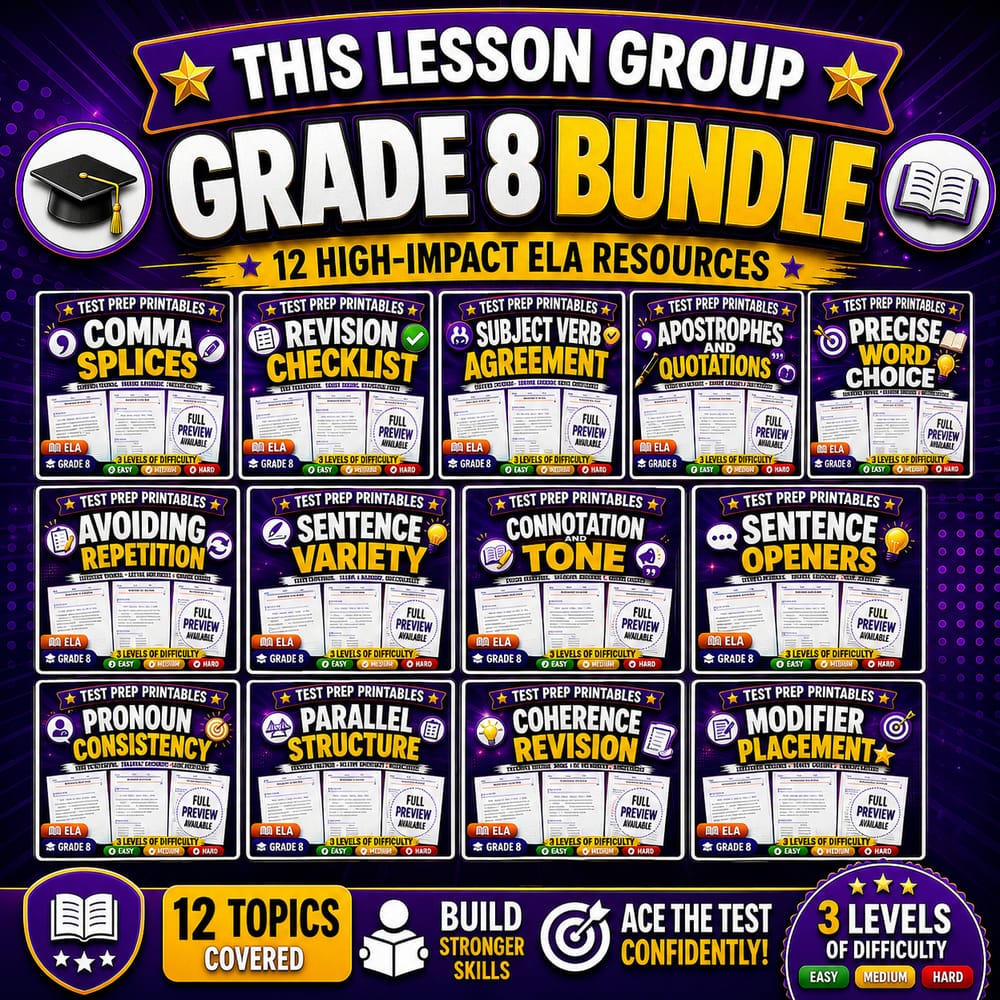 Grade 8 Sentence Craft Grammar for ELA: Lesson Bundle Worksheets (Alberta) — bundle cover