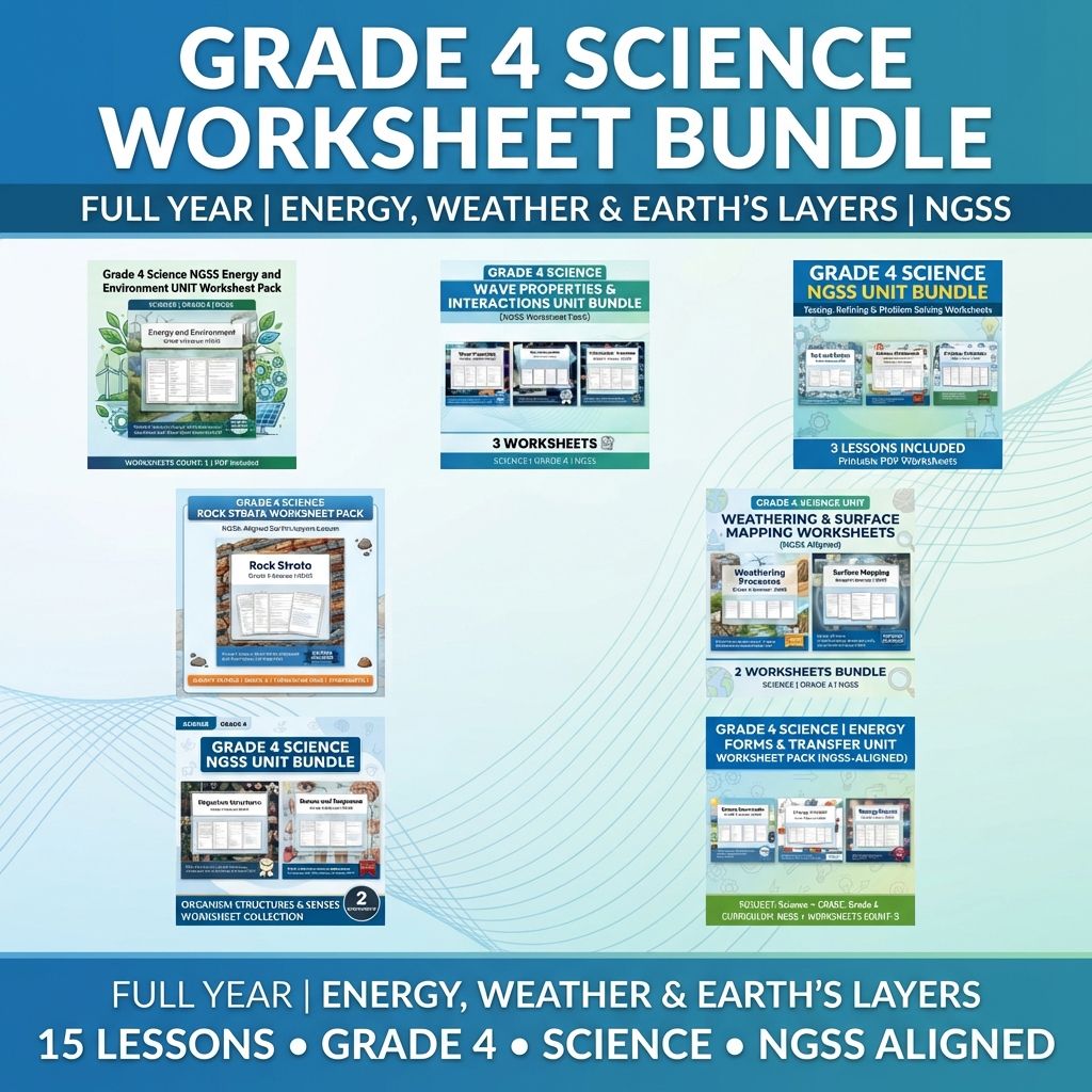 Grade 4 Science Worksheet Pack | NGSS-Aligned Energy, Weather & Structures — bundle cover