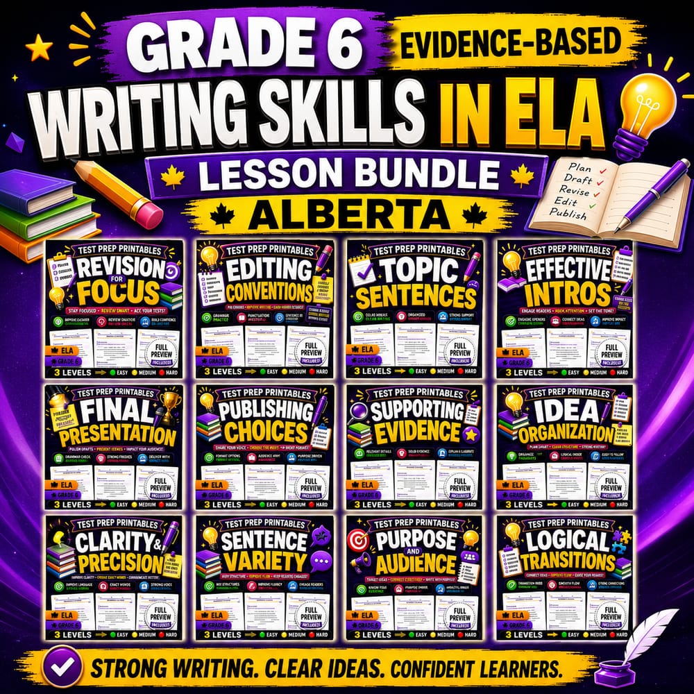 Grade 6 Evidence-Based Writing Skills in ELA Lesson Bundle | Alberta — bundle cover