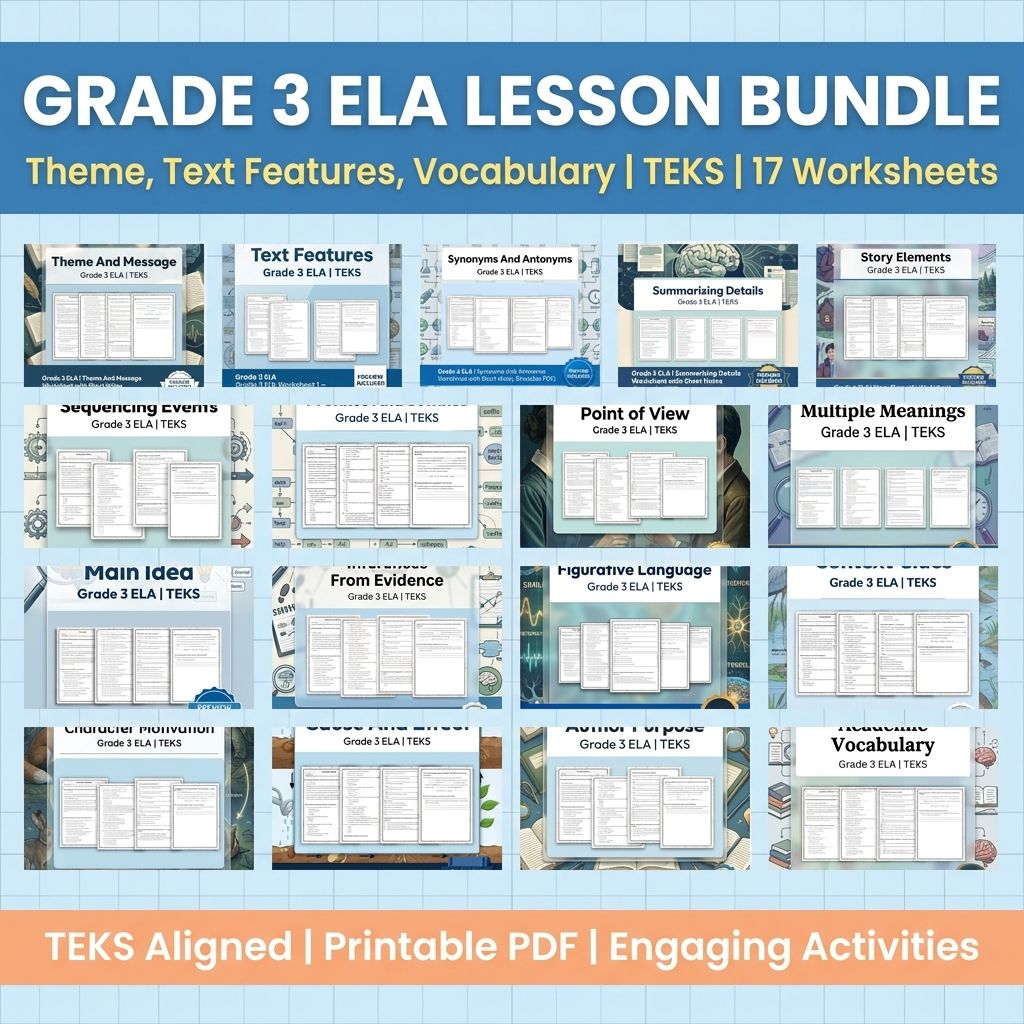 Grade 3 Theme, Text Features, and Vocabulary ELA Lesson Bundle (TEKS) — bundle cover