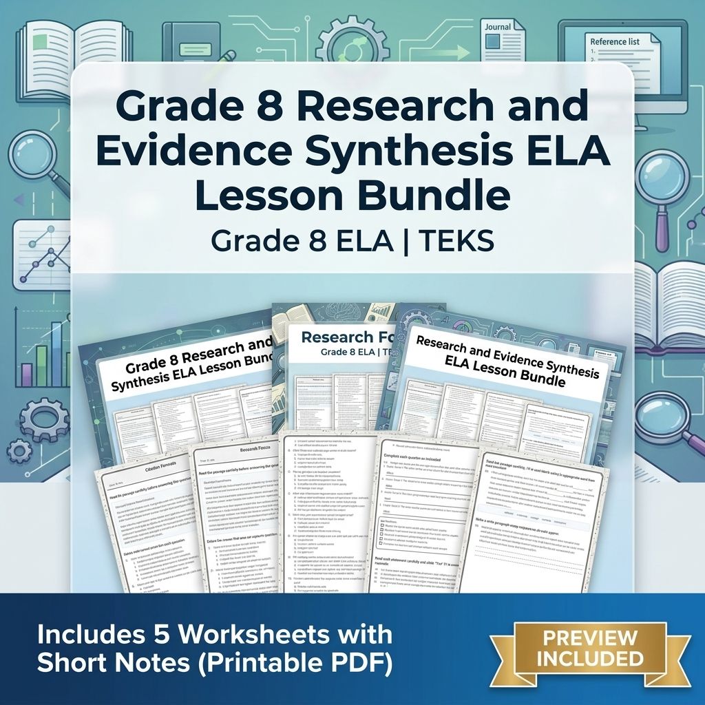 Grade 8 Research and Evidence Synthesis ELA Lesson Bundle with Short Notes TEKS — bundle cover