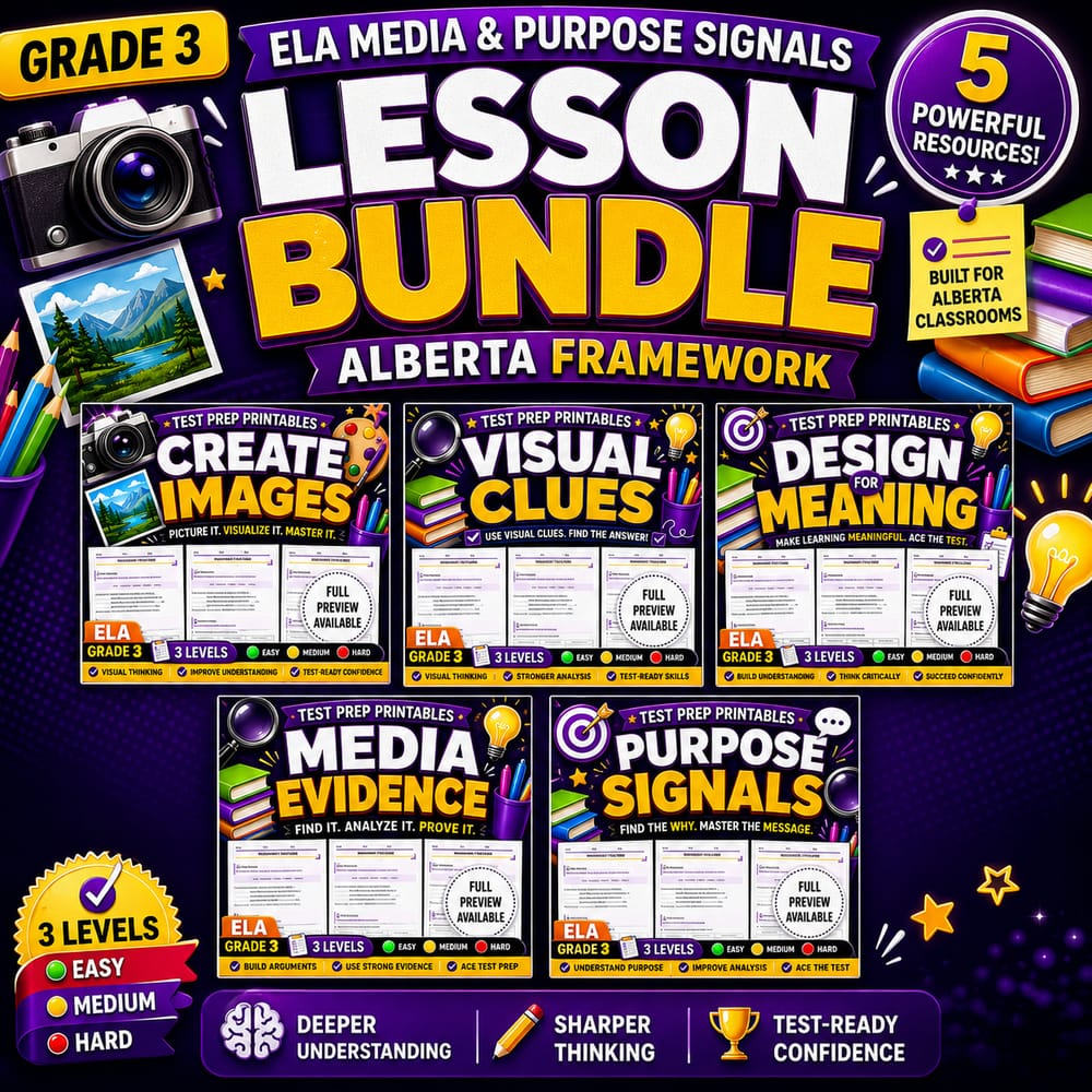 Grade 3 ELA Media & Purpose Signals Lesson Bundle | Alberta Framework — bundle cover
