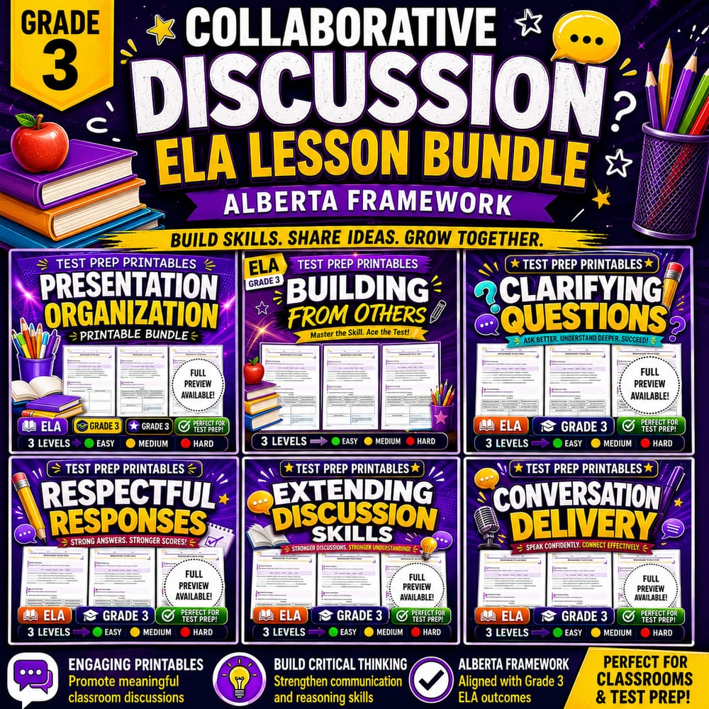 Grade 3 Collaborative Discussion ELA Lesson Bundle: Alberta Framework — bundle cover