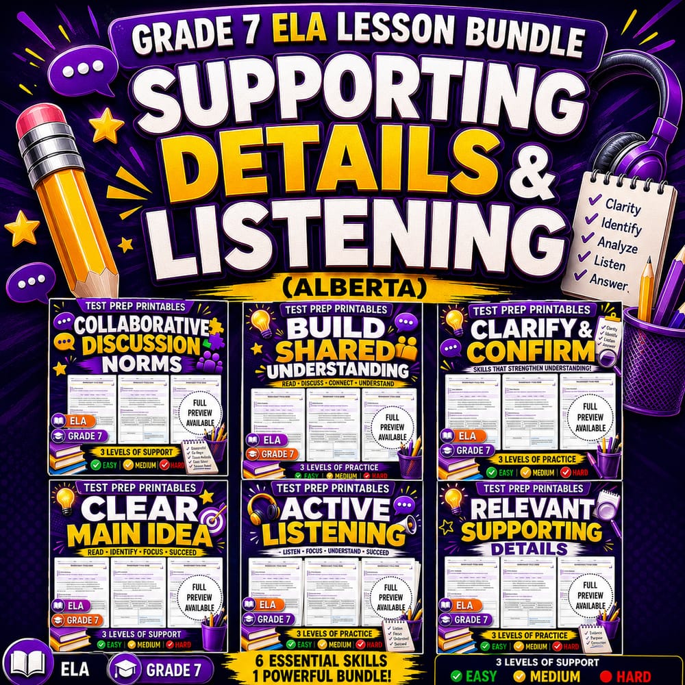 Grade 7 ELA Lesson Bundle: Supporting Details & Listening (Alberta) — bundle cover