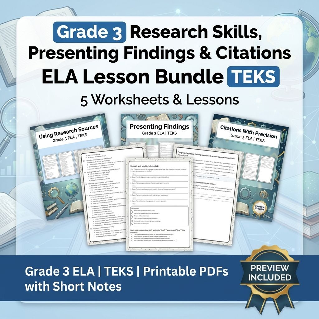 Grade 3 Research Skills, Presenting Findings & Citations ELA Lesson Bundle TEKS — bundle cover