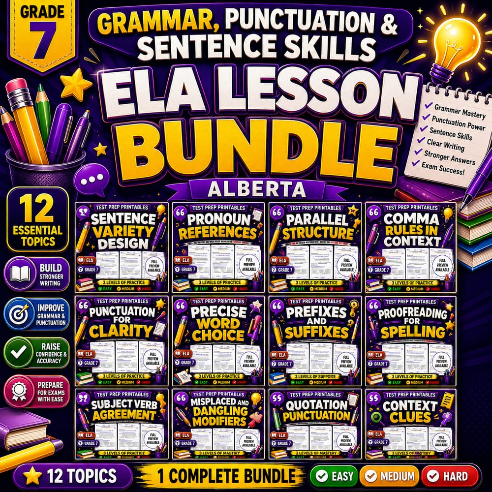 Grade 7 Grammar, Punctuation & Sentence Skills ELA Lesson Bundle Alberta — bundle cover
