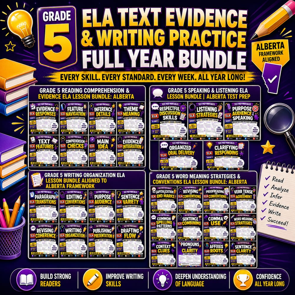 Grade 5 ELA Text Evidence & Writing Practice Full Year Bundle (Alberta) — bundle cover