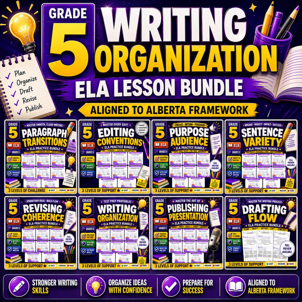 Grade 5 Writing Organization ELA lesson bundle aligned to Alberta framework — bundle cover