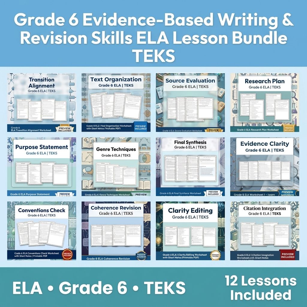 Grade 6 Evidence-Based Writing & Revision Skills ELA Lesson Bundle TEKS — bundle cover