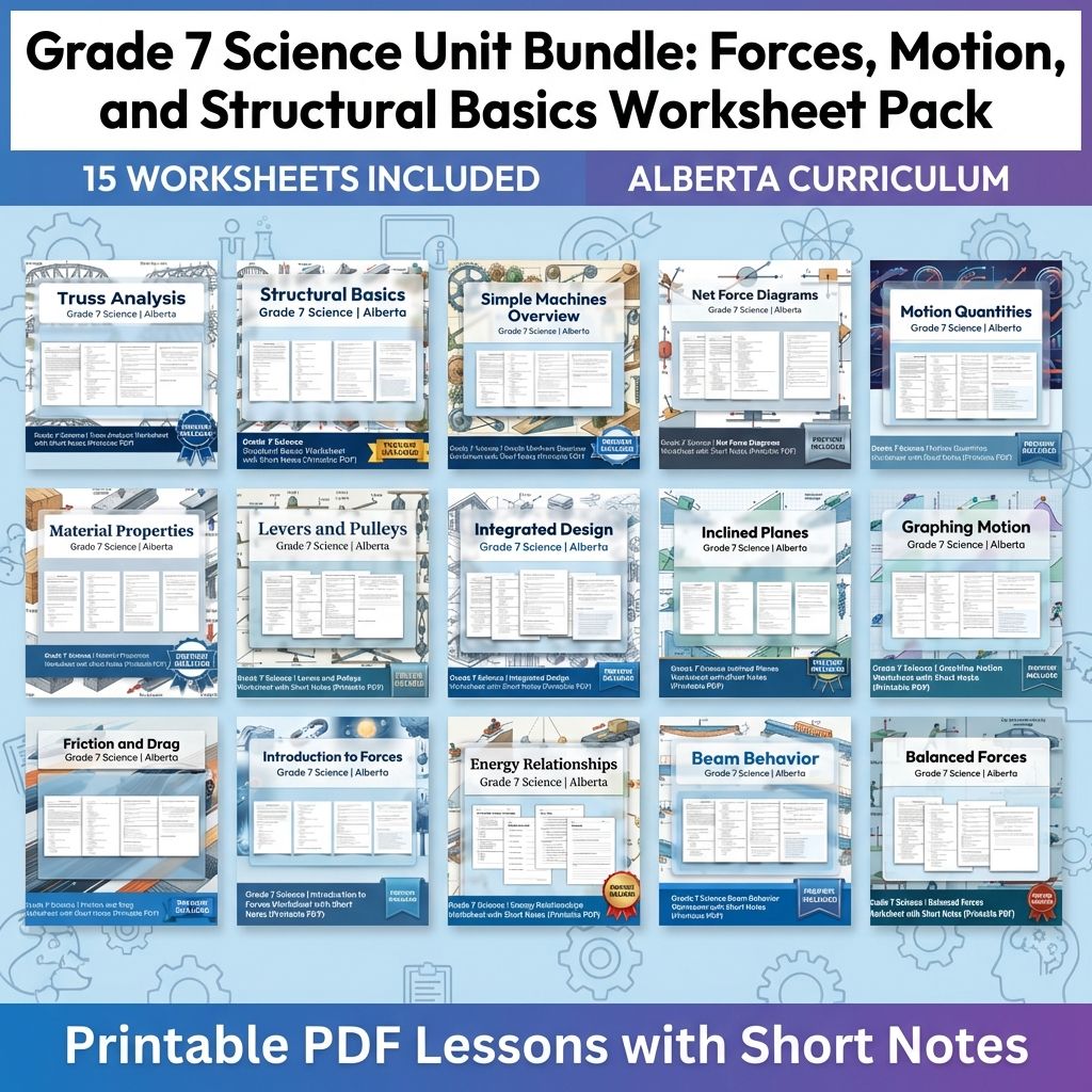 Grade 7 Science | Forces, Structures & Motion UNIT Worksheet Bundle  — bundle cover