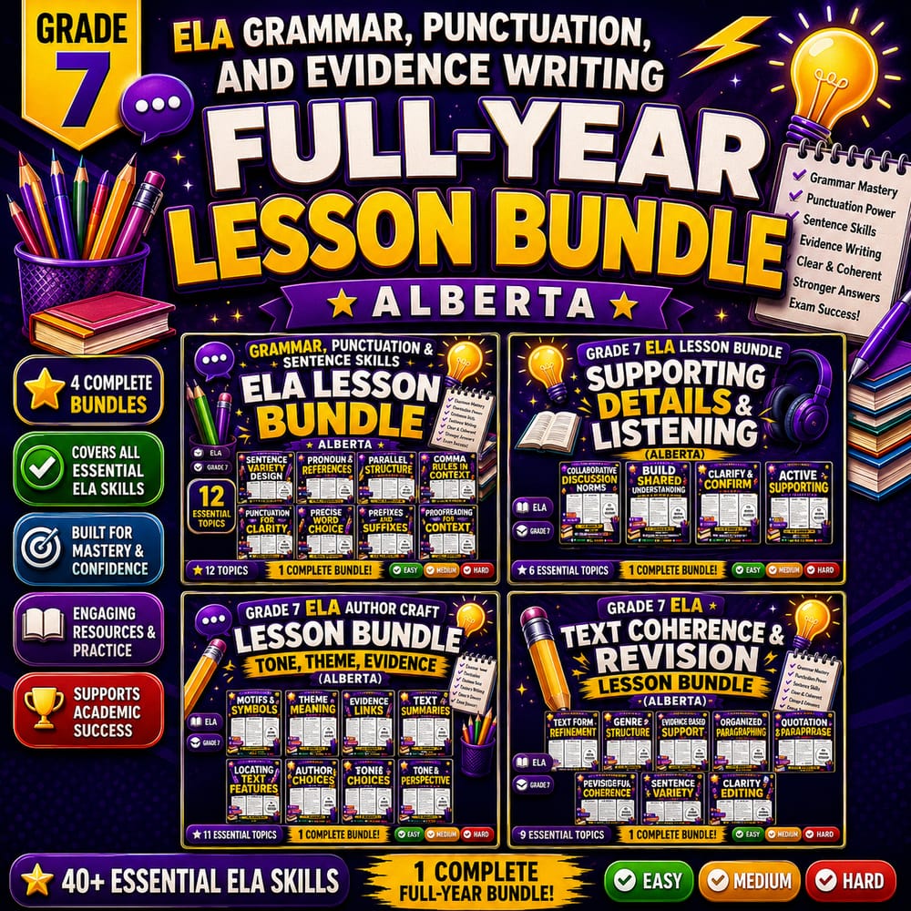 Grade 7 ELA Grammar, Punctuation, and Evidence Writing Full-Year Alberta — bundle cover