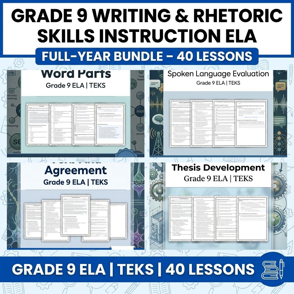 Grade 9 Writing & Rhetoric Skills Instruction ELA Full-Year Bundle – TEKS — bundle cover