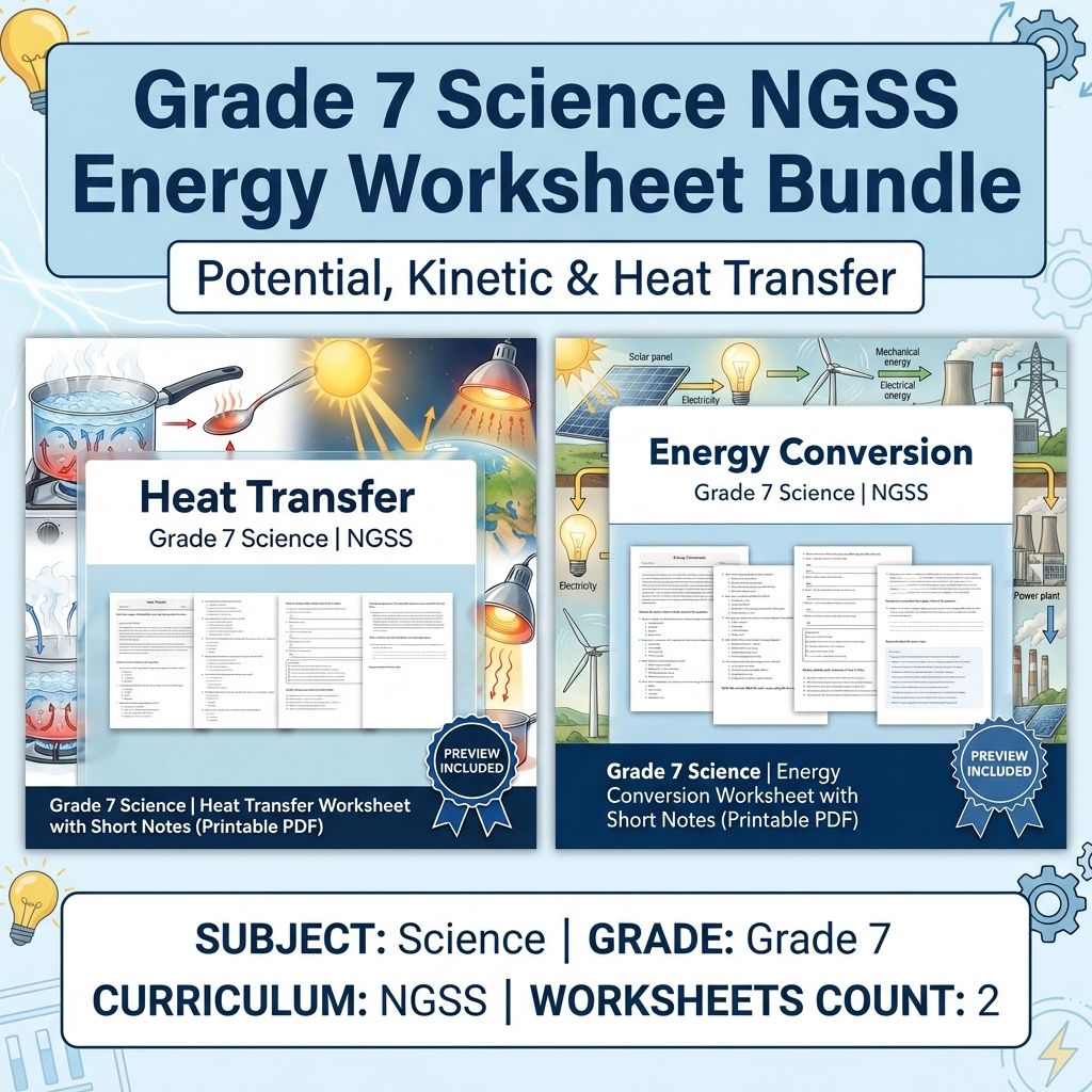 Grade 7 Science Energy  Bundle  Potential, Kinetic & Heat Transfer Worksheets  — bundle cover