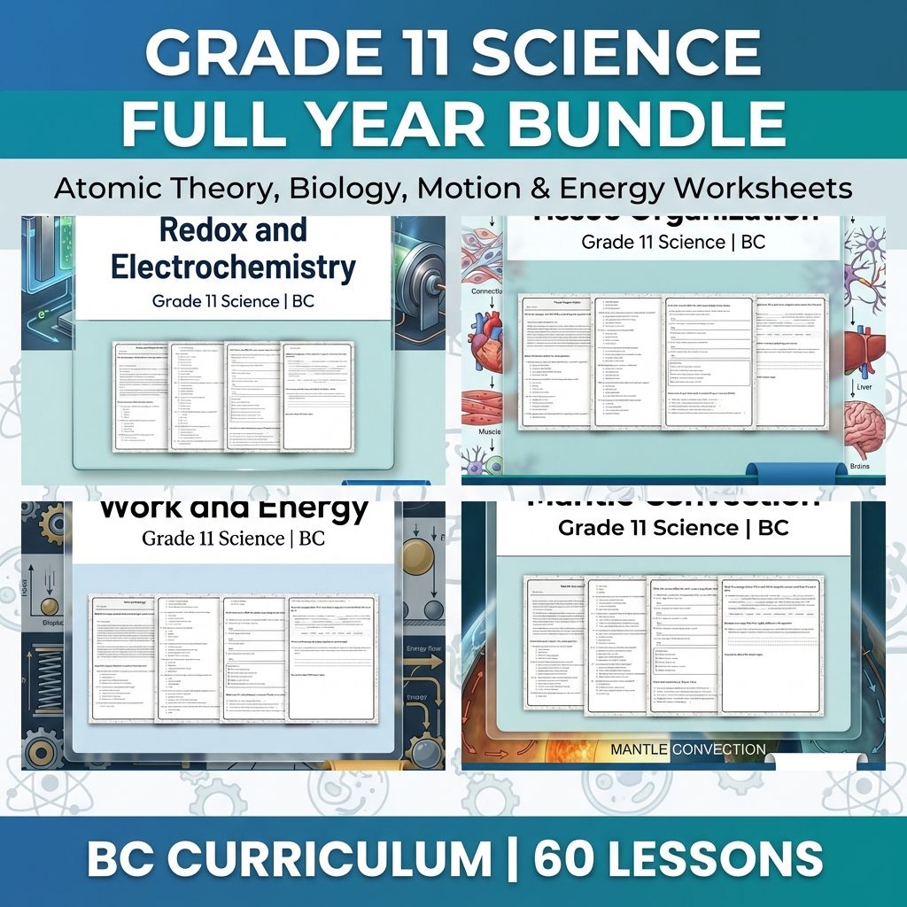 Grade 11 Science Full Year Bundle | Atomic Theory, Biology, Motion & Energy Worksheets — bundle cover