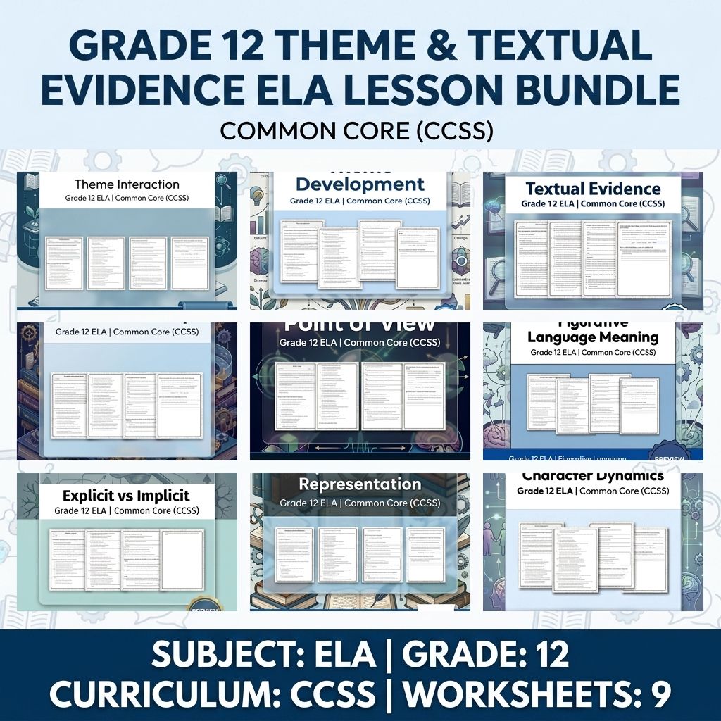 Grade 12 Theme & Textual Evidence ELA Lesson Bundle - Common Core (CCSS) — bundle cover