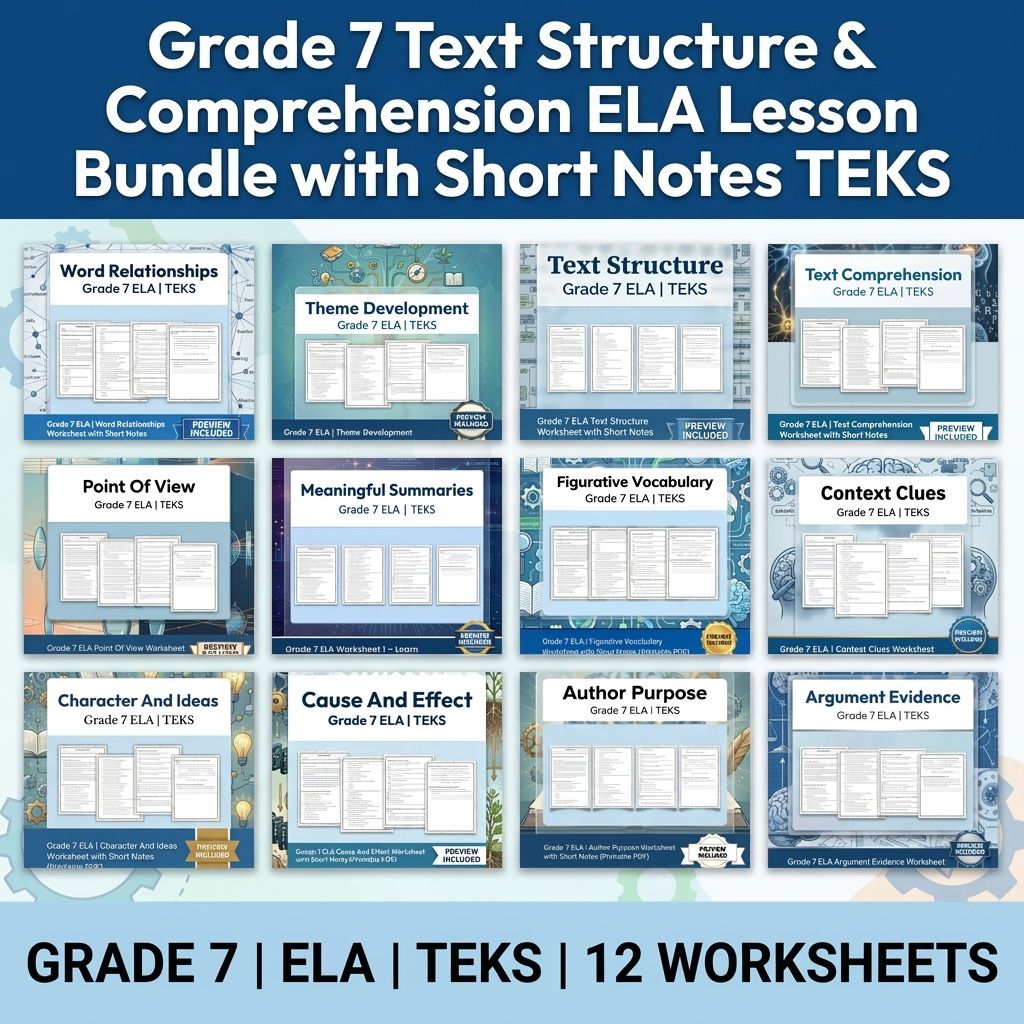 Grade 7 Text Structure & Comprehension ELA Lesson Bundle with Short Notes TEKS — bundle cover