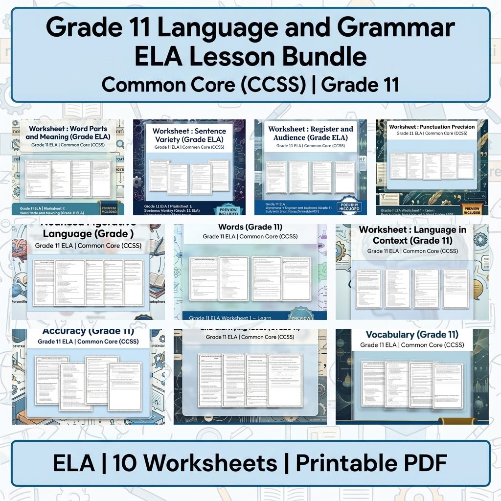 Grade 11 Language and Grammar ELA Lesson Bundle – Common Core (CCSS) — bundle cover