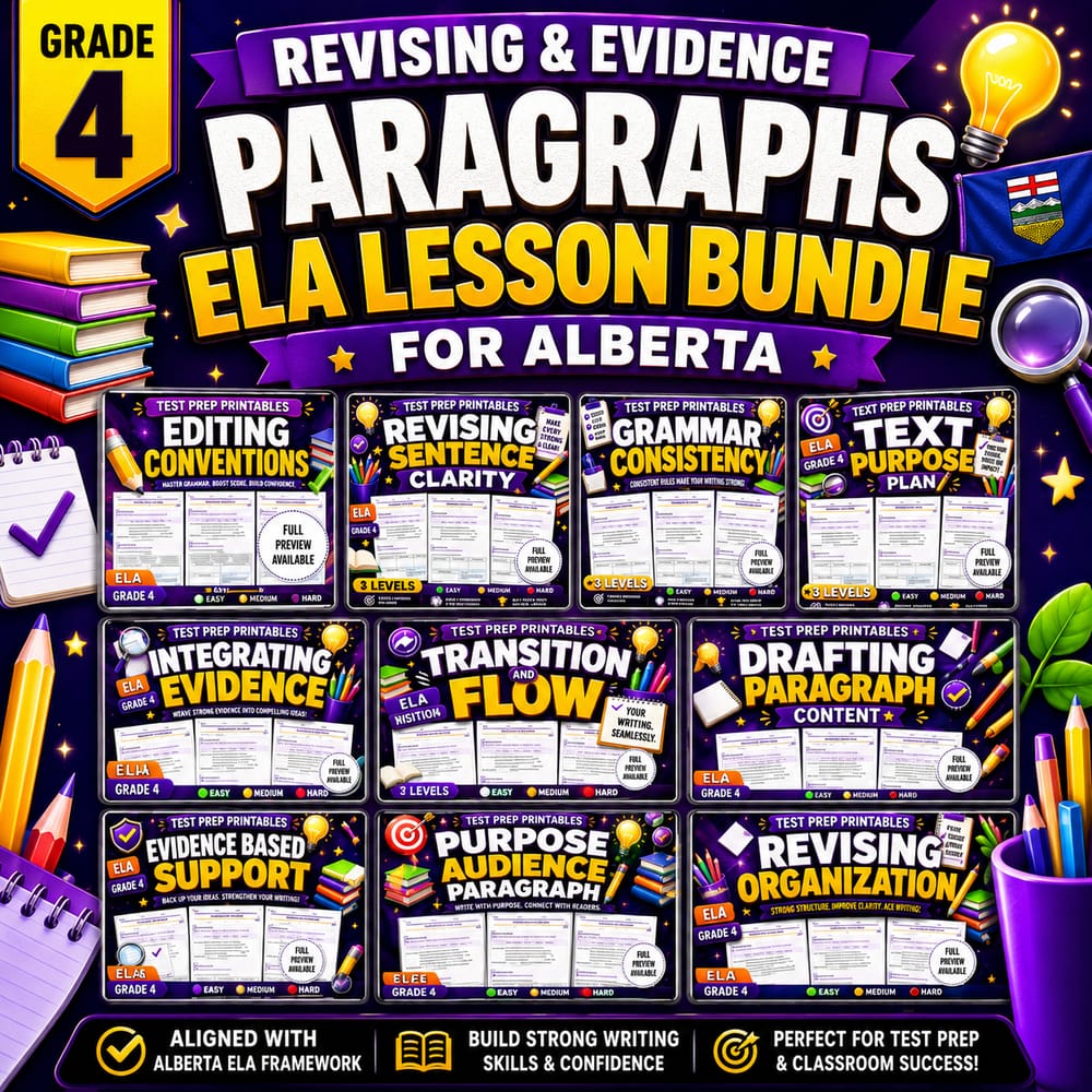 Grade 4 Revising & Evidence Paragraphs ELA Lesson Bundle for Alberta — bundle cover