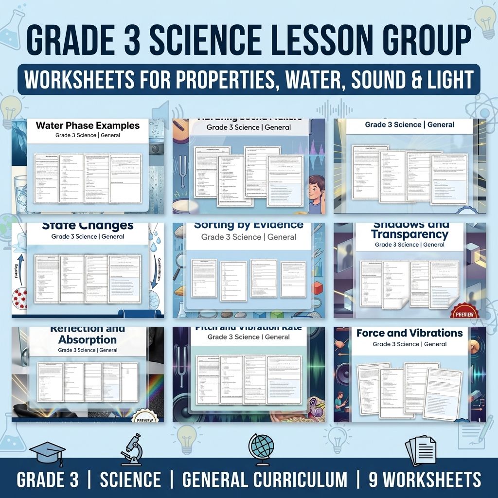 Grade 3 Science Lesson Group: Worksheets for Properties, Water, Sound & Light — bundle cover