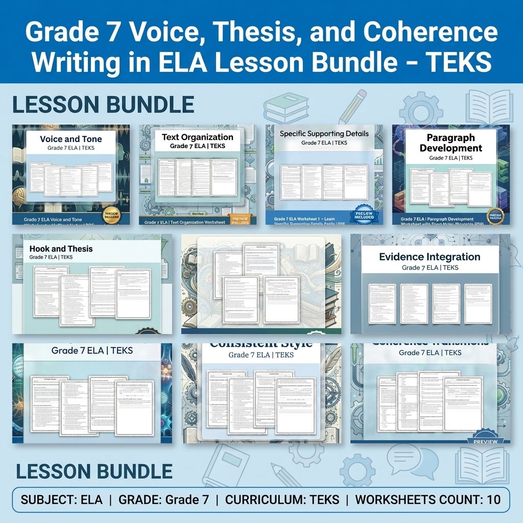 Grade 7 Voice, Thesis, and Coherence Writing in ELA Lesson Bundle – TEKS — bundle cover