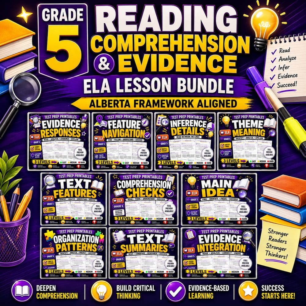 Grade 5 Reading Comprehension & Evidence ELA Lesson Bundle: Alberta — bundle cover