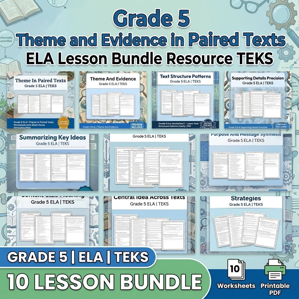 Grade 5 Theme and Evidence in Paired Texts ELA Lesson Bundle Resource TEKS — bundle cover