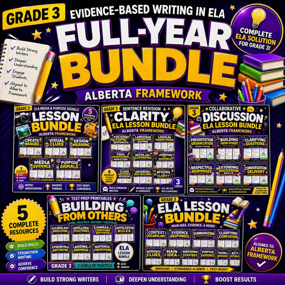 Grade 3 Evidence-Based Writing in ELA Full-Year Bundle Practice | Alberta — bundle cover