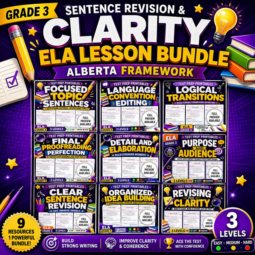 Grade 3 Sentence Revision & Clarity ELA Lesson Bundle: Alberta Framework — bundle cover