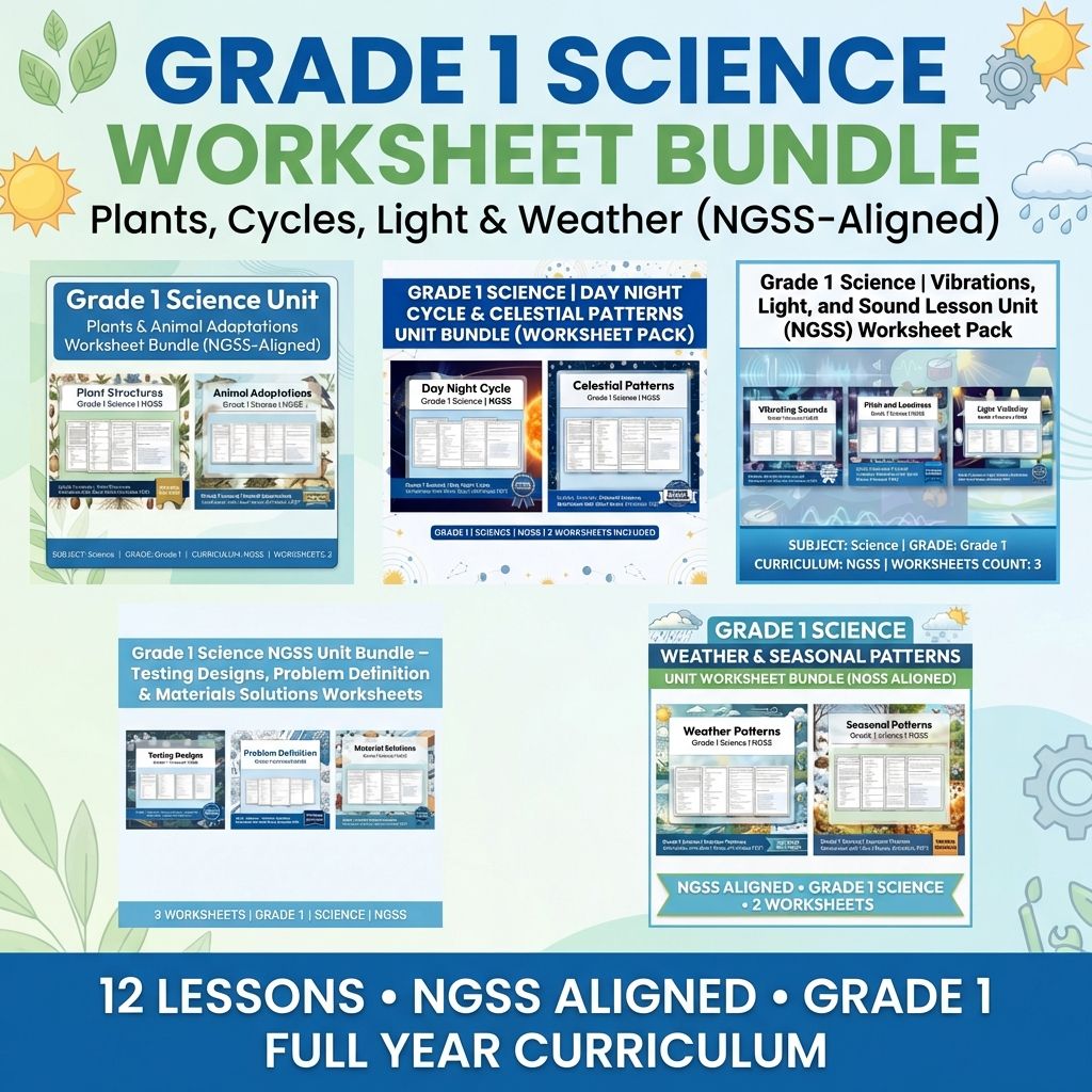 Grade 1 Science Worksheet Bundle NGSS-Aligned Activities for Year-Round Learning — bundle cover