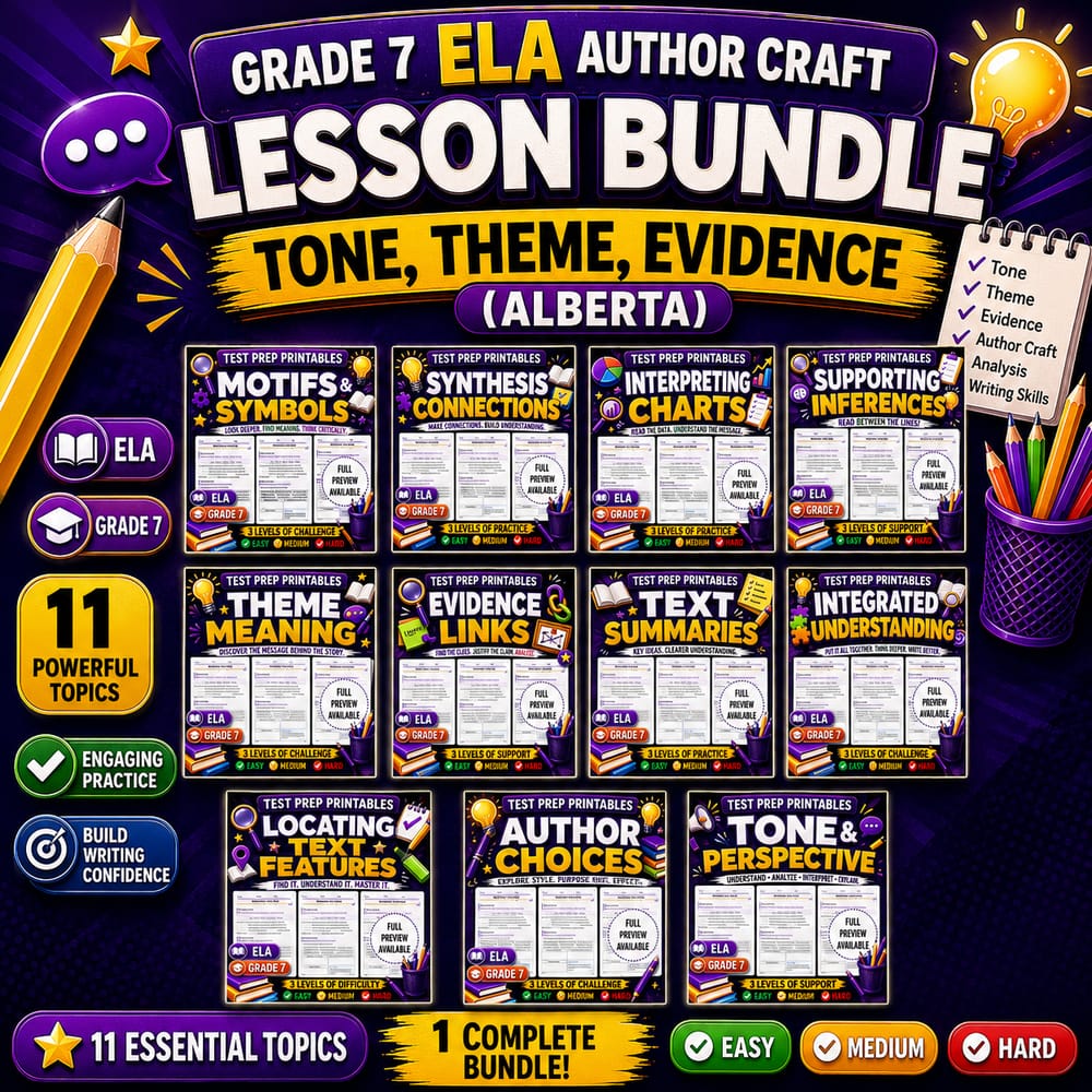 Grade 7 Author Craft ELA Lesson Bundle: Tone, Theme, Evidence (Alberta) — bundle cover
