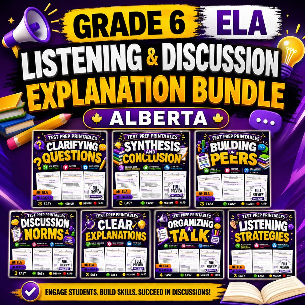 Grade 6 Listening & Discussion Explanation ELA Lesson Bundle (Alberta) — bundle cover