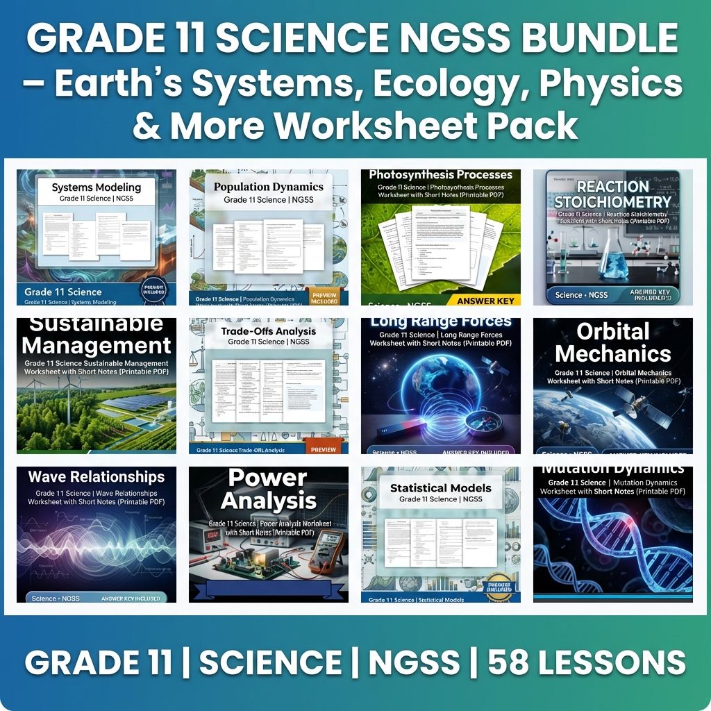Grade 11 Science NGSS Worksheet Bundle – Ecosystem, Genetics & Physics Topics — bundle cover