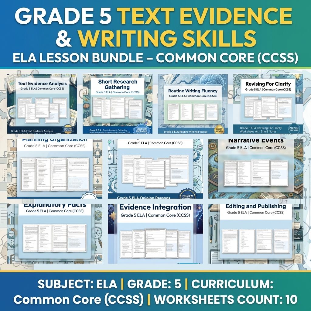Grade 5 Text Evidence & Writing Skills ELA Lesson Bundle – Common Core (CCSS) — bundle cover