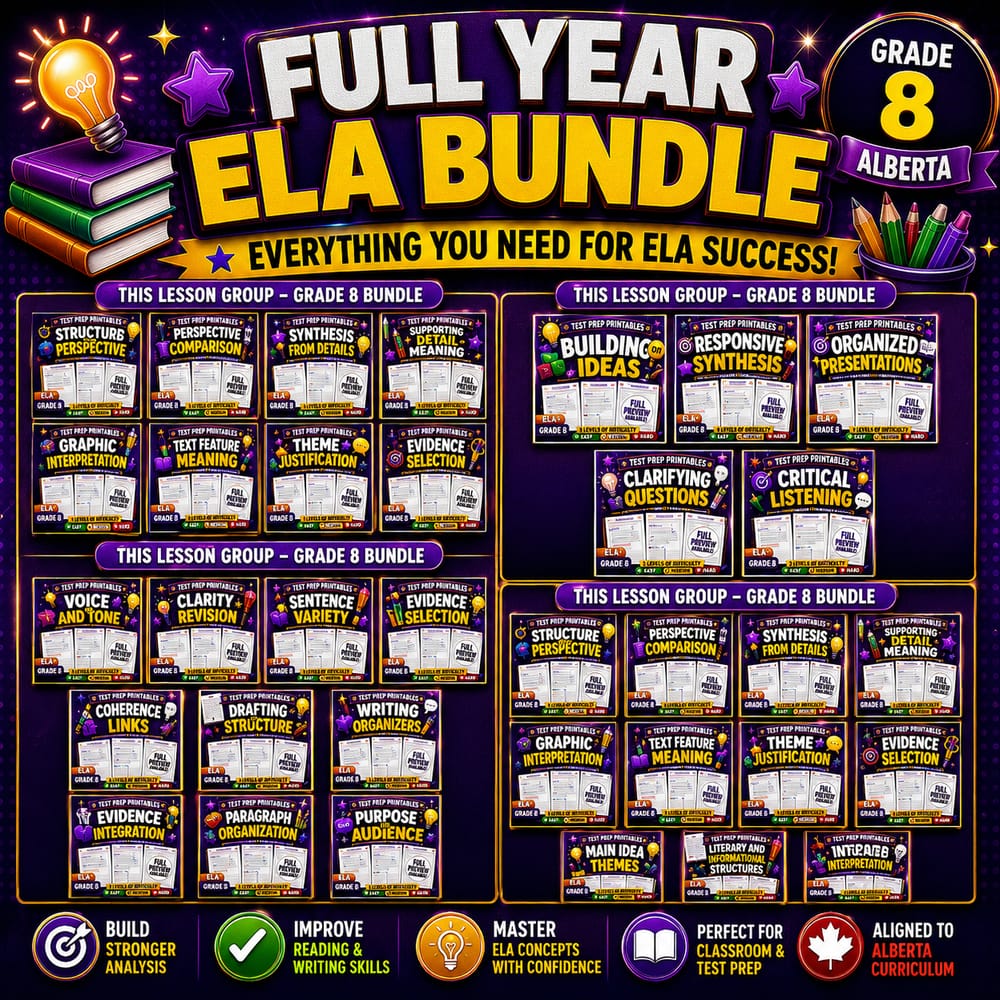 Grade 8 ELA Reading and Writing Skills Full-Year Bundle | Alberta — bundle cover
